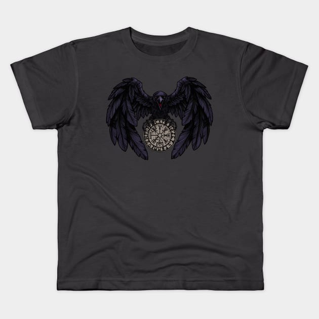 Raven Odin with Futhark and Vegvisir Kids T-Shirt by Modern Medieval Design